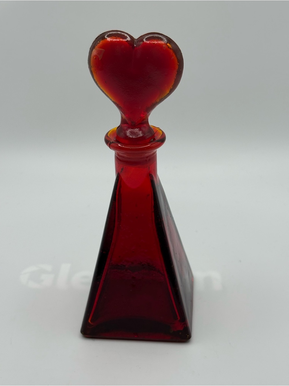 VTG Ruby Red Art Glass Bottle W/ Heart Shaped Stopper Triangle Base Glows 6.5” - Picture 8 of 16